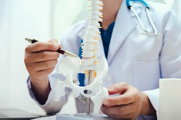 A chiropractor indicates a spine model with a pen.